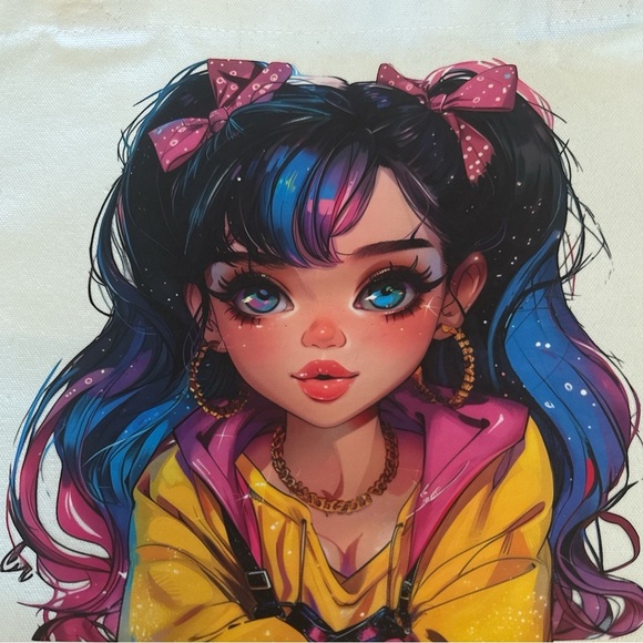 Large Canvas Tote Bag with Stylish Anime Girl Art | Hand Pressed | 17”x14” - Picture 3 of 5